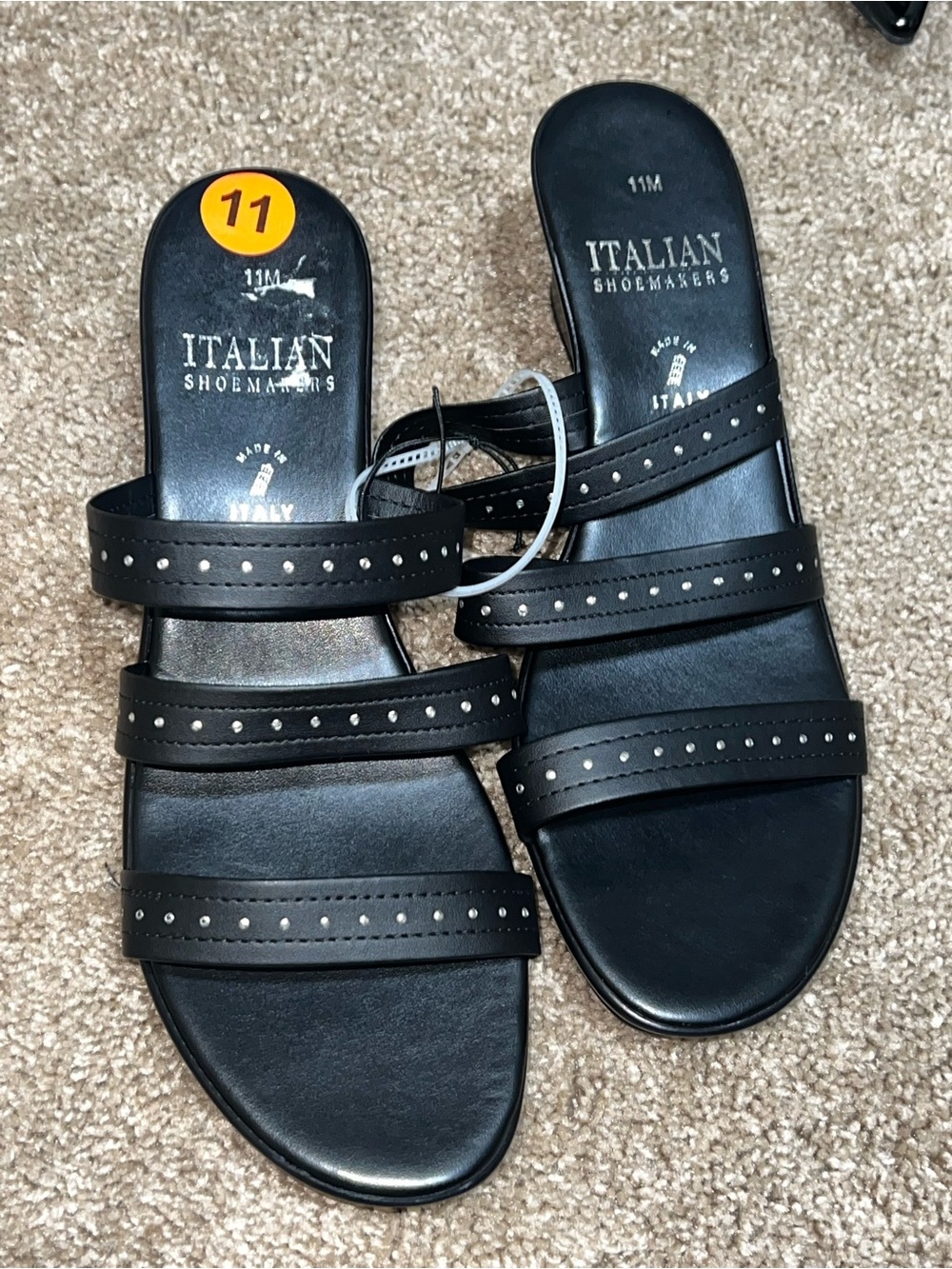 Italian Shoemakers Black Triple-Strap Stud Slide Sandals